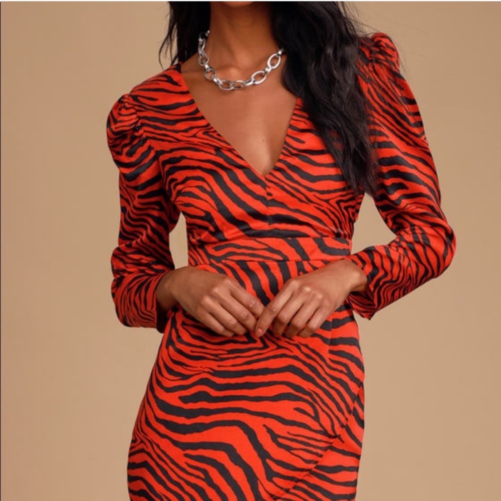 Amirah Black and Red Zebra Print Satin Long Sleeve Mini Dress
